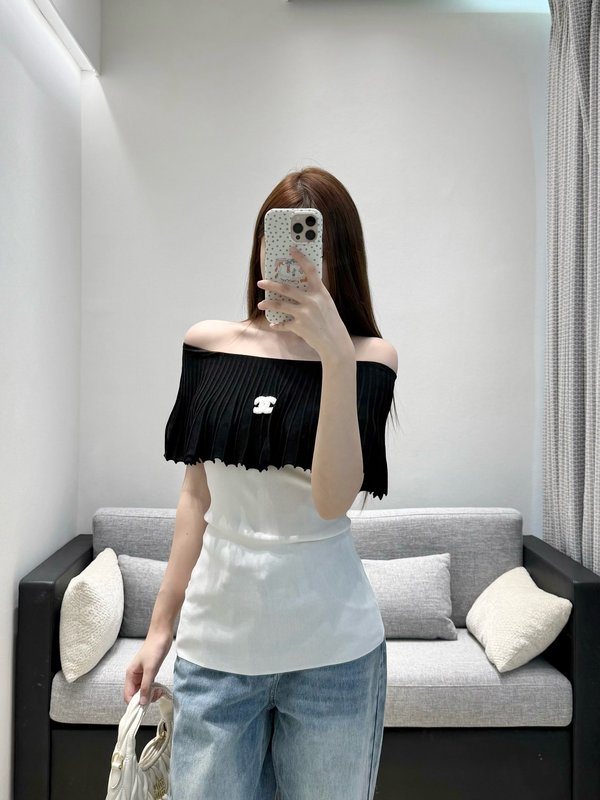 샤넬 오프숄더 러플 반팔 니트 001-232830