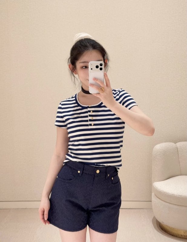 루이비통 블루 화이트 스트라이프 헨리넥 반팔 티셔츠 001-233501