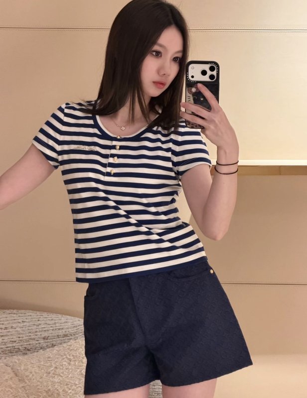 루이비통 블루 화이트 스트라이프 헨리넥 반팔 티셔츠 001-233501