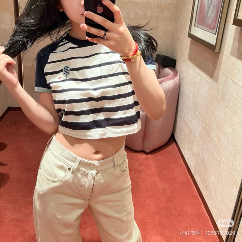자수 스트라이프 숏 티셔츠 001-233597