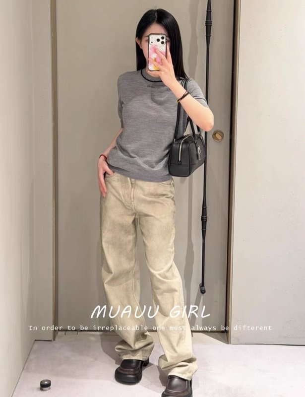 로에베 여름 자수 염색 하이웨이스트 와이드 진 001-234059