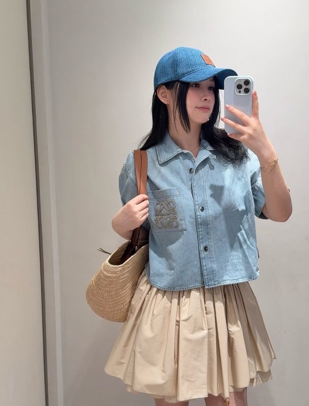 로에베 컬러블록 로고 자수 데님 셔츠 001-234147