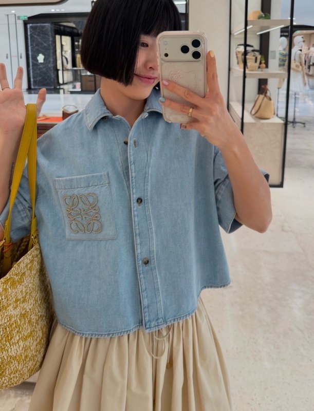 로에베 컬러블록 로고 자수 데님 셔츠 001-234147