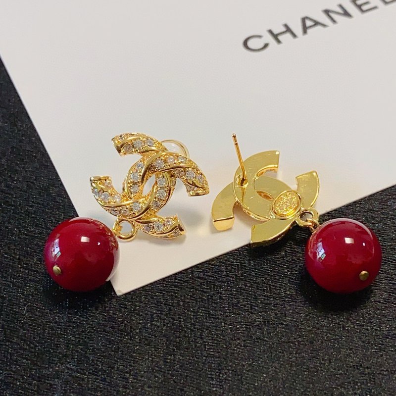 샤넬 스타일 더블 C 레드 진주 다이아몬드 귀걸이 001-235580