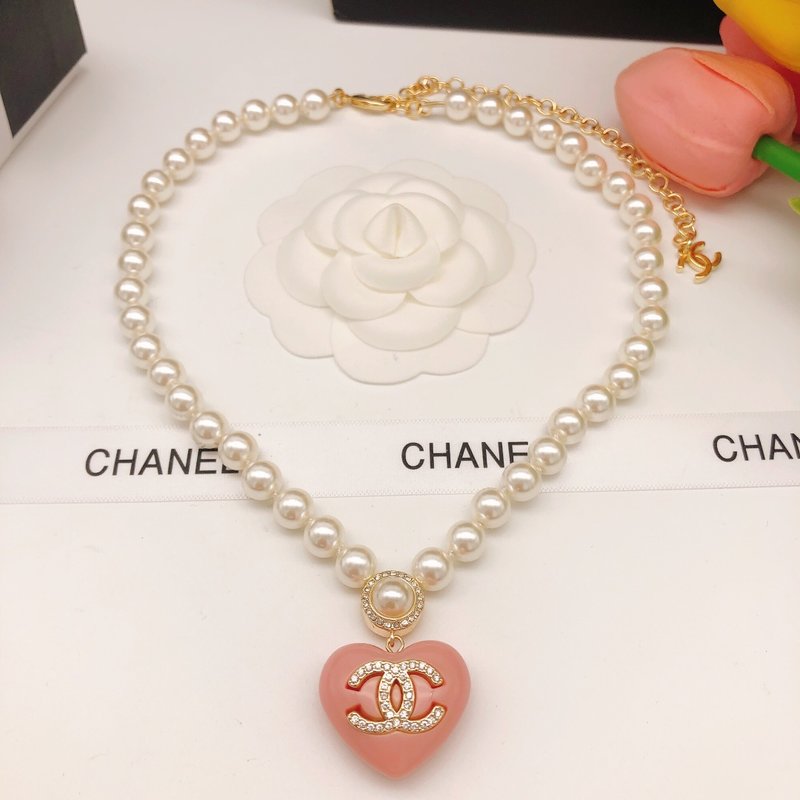 샤넬 스타일 핑크 진주 하트 목걸이 001-235653