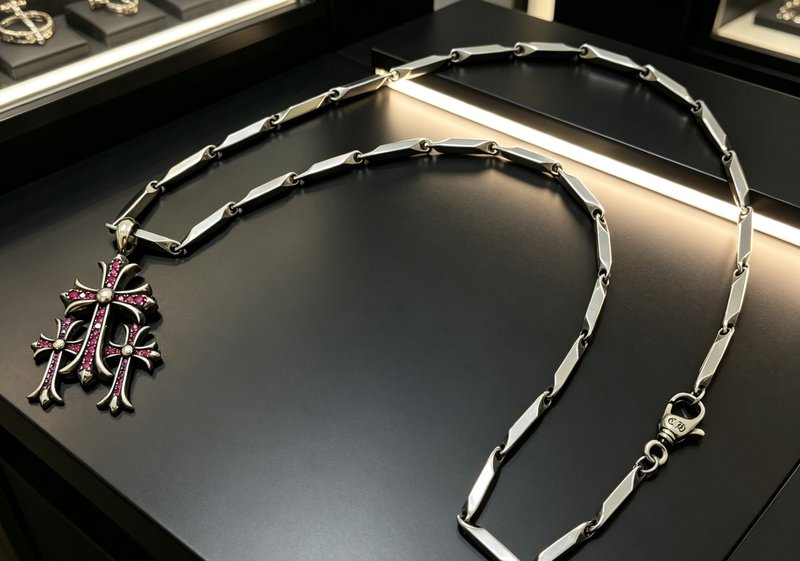 핑크 다이아몬드 십자가 대나무 체인 목걸이 001-243402