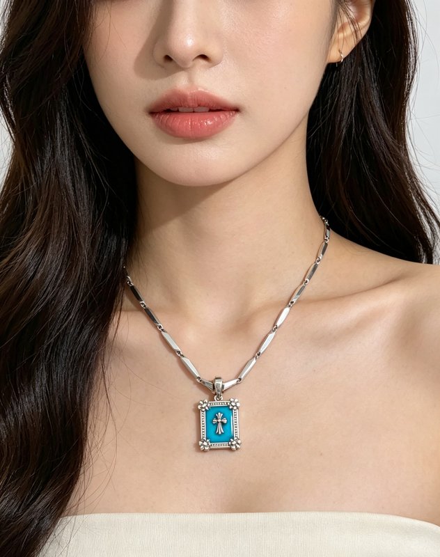 크롬하츠 블루터키석 십자가 목걸이 빈티지 001-243419