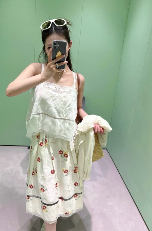 레드 플라워 린넨 레이스 스커트 001-255575