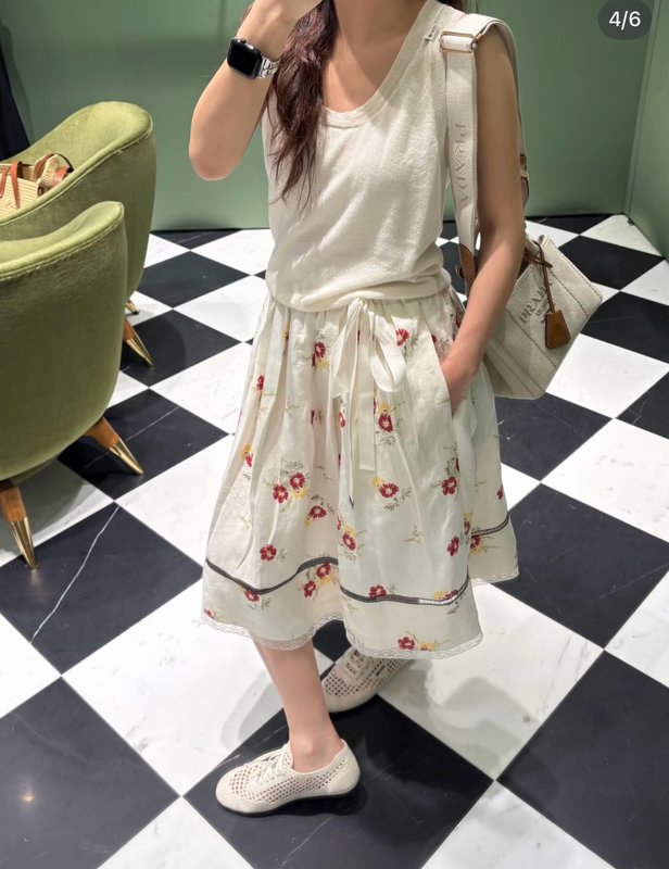 레드 플라워 린넨 레이스 스커트 001-255575