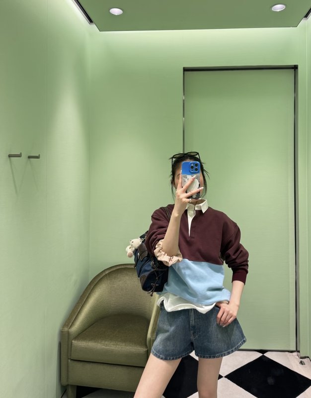 컬러 블록 라펠 후드 긴팔 티셔츠 001-256001