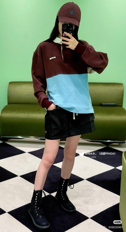 컬러 블록 라펠 후드 긴팔 티셔츠 001-256001