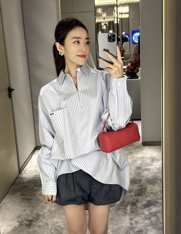블루 화이트 스트라이프 하프 지퍼 셔츠 001-256078