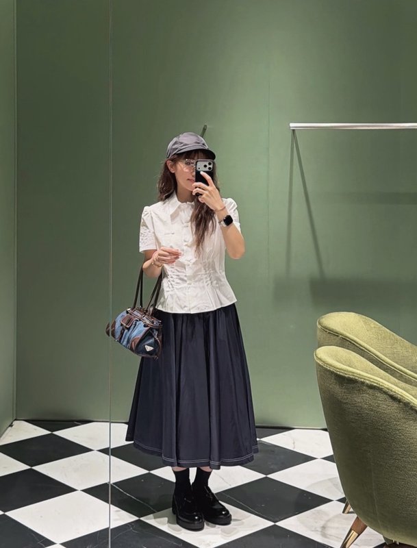 프라다 네이비 나일론 A 라인 스커트 001-256079