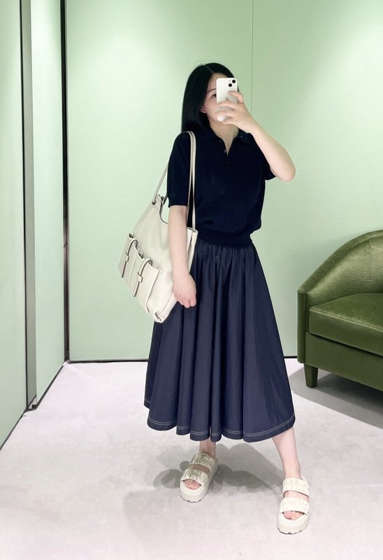 프라다 네이비 나일론 A 라인 스커트 001-256079