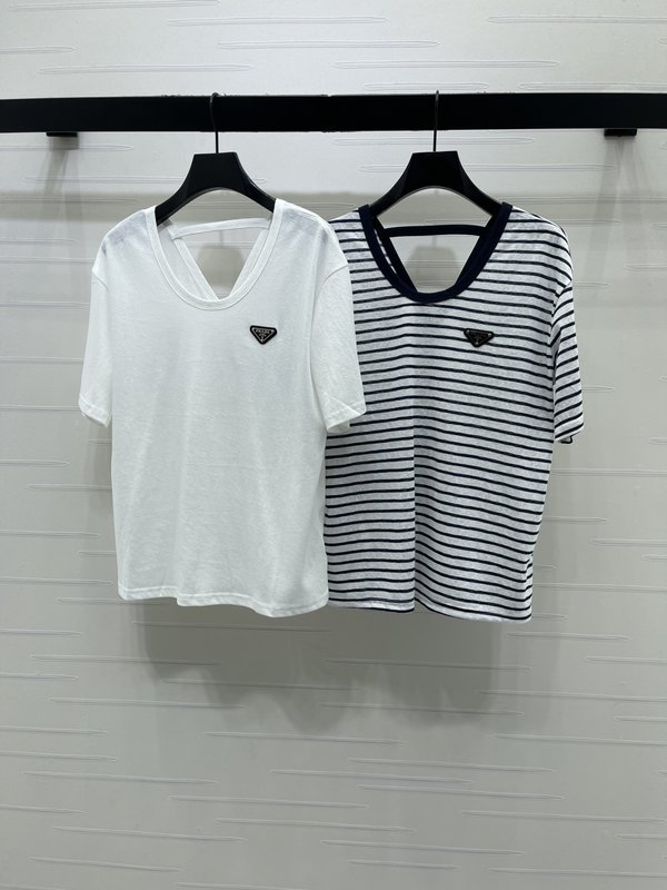 프라다 스트라이프 라운드넥 반팔 티셔츠 001-256172