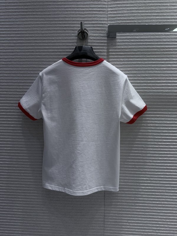 레드 화이트 컬러 블록 라운드넥 반팔 티셔츠 001-256234