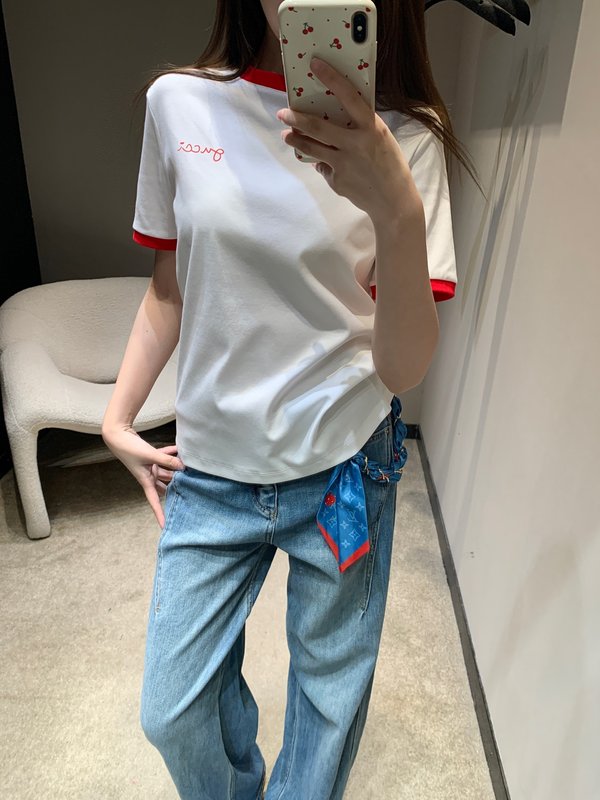 컬러 포인트 라운드넥 로고 프린트 반팔 티셔츠 001-256259