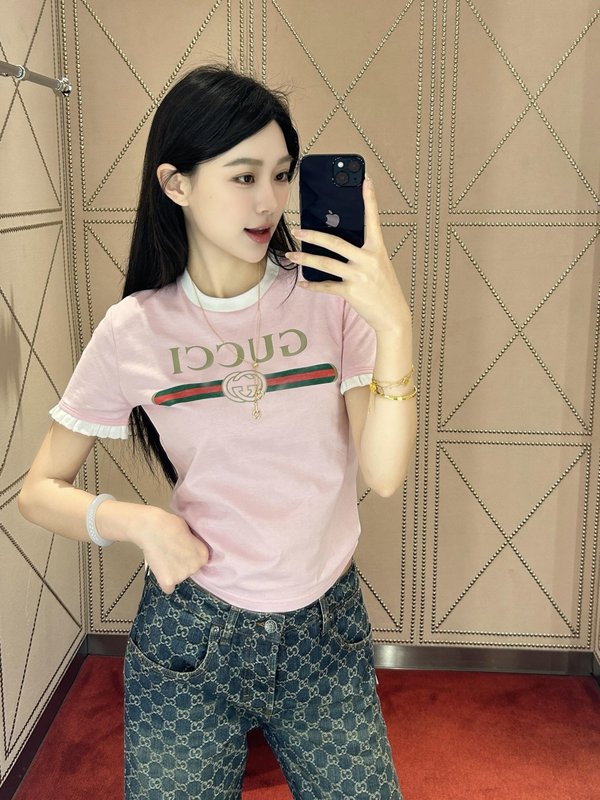 구찌 레터 프린트 러플 숏슬리브 티셔츠 001-256389