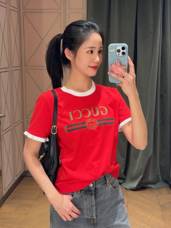 구찌 레터 프린트 러플 숏슬리브 티셔츠 001-256391