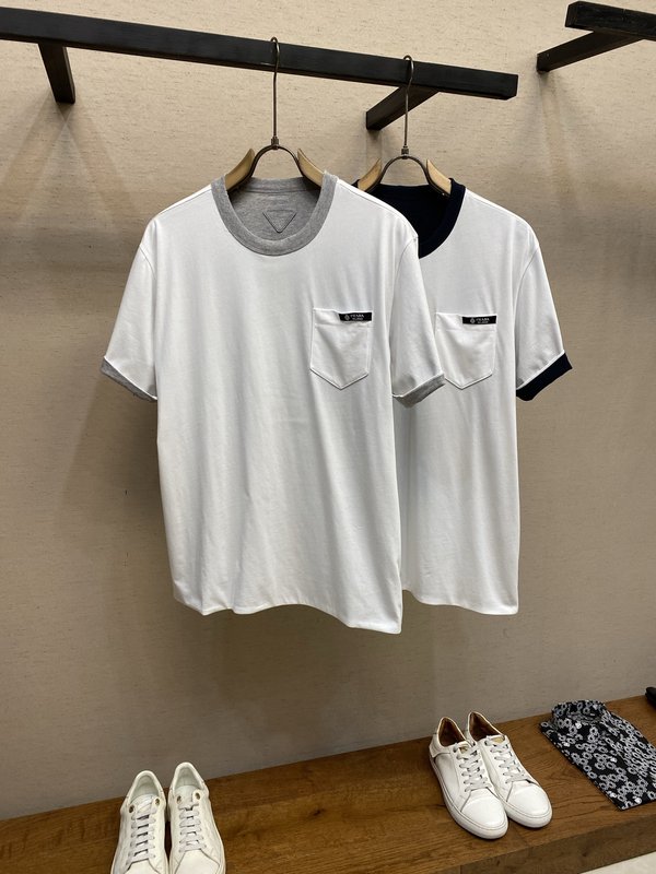 프라다 컬러 블록 양면 코튼 반팔 티셔츠 001-256546