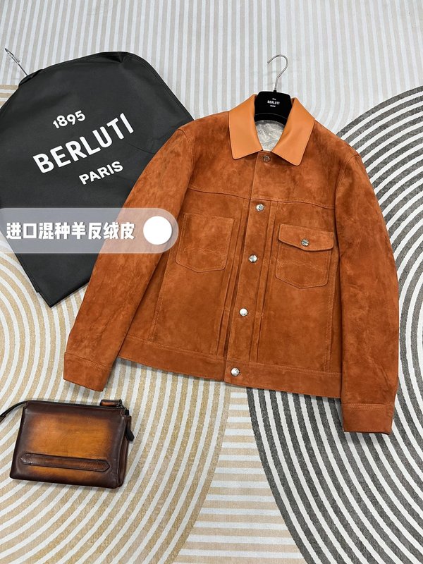 Berluti 플립 칼라 가죽 자켓 001-268327