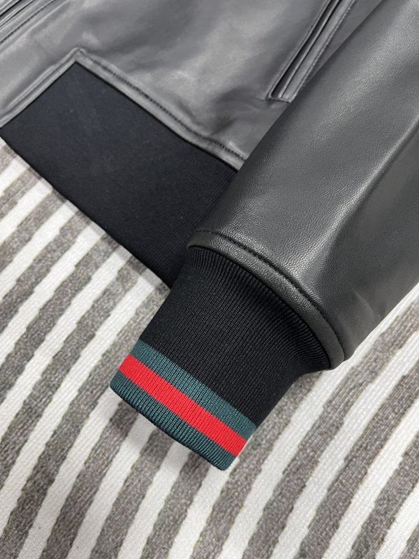 Gucci 정교한 자수 작은 로고 야구 점퍼 가죽 자켓 001-268374