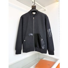 에르메스 울 혼방 가죽 패치 베이스볼 칼라 캐주얼 자켓 001-278697