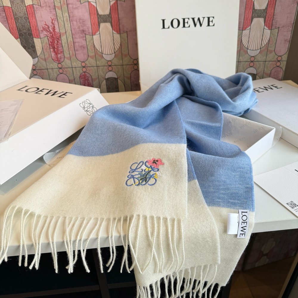 LOEWE 로에베 캐시미어 새와 꽃 자수 숄 001-282466