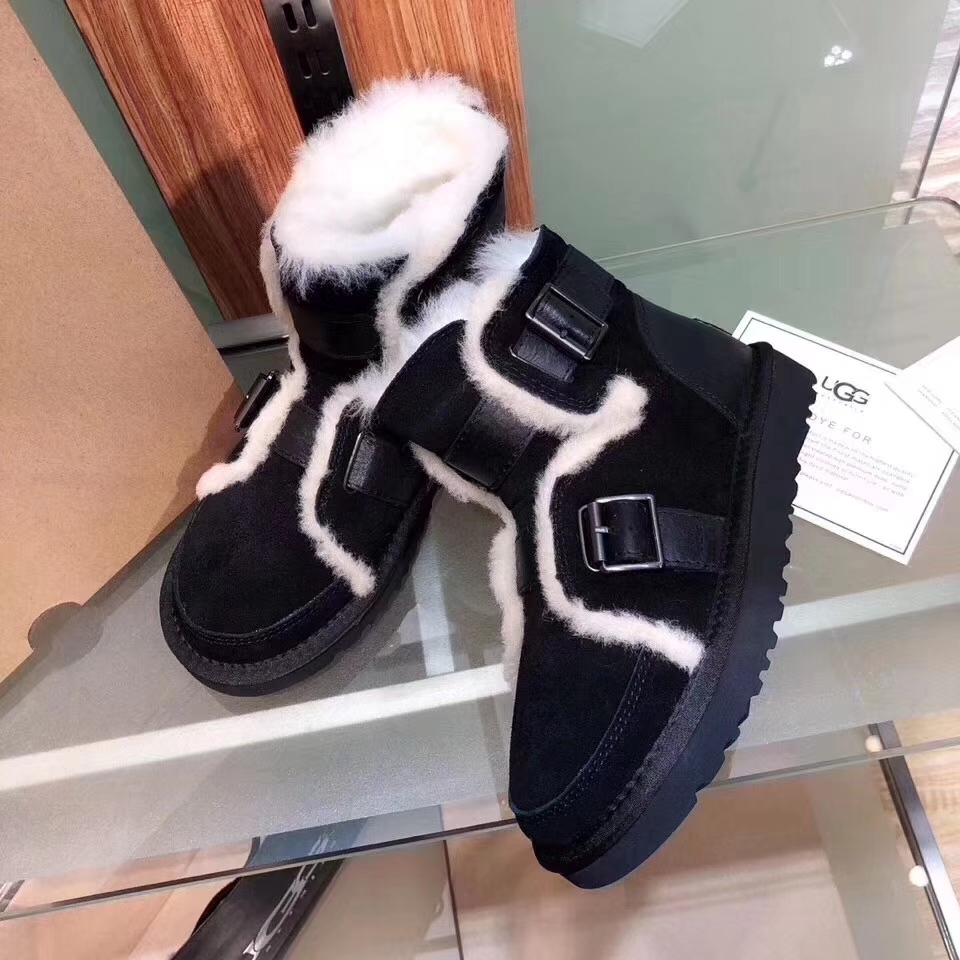 UGG 더블 버클 퍼 트리밍 오토바이 부츠 001-286274