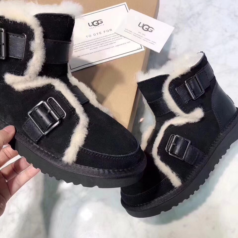 UGG 더블 버클 퍼 트리밍 오토바이 부츠 001-286274